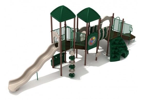 ООО Оборудование для наружных игровых площадок Зелёное деревянное игровое здание со слайдом