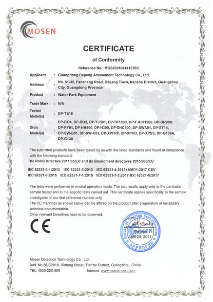 Китай Guangdong Dapeng Amusement Technology Co., Ltd. Сертификаты